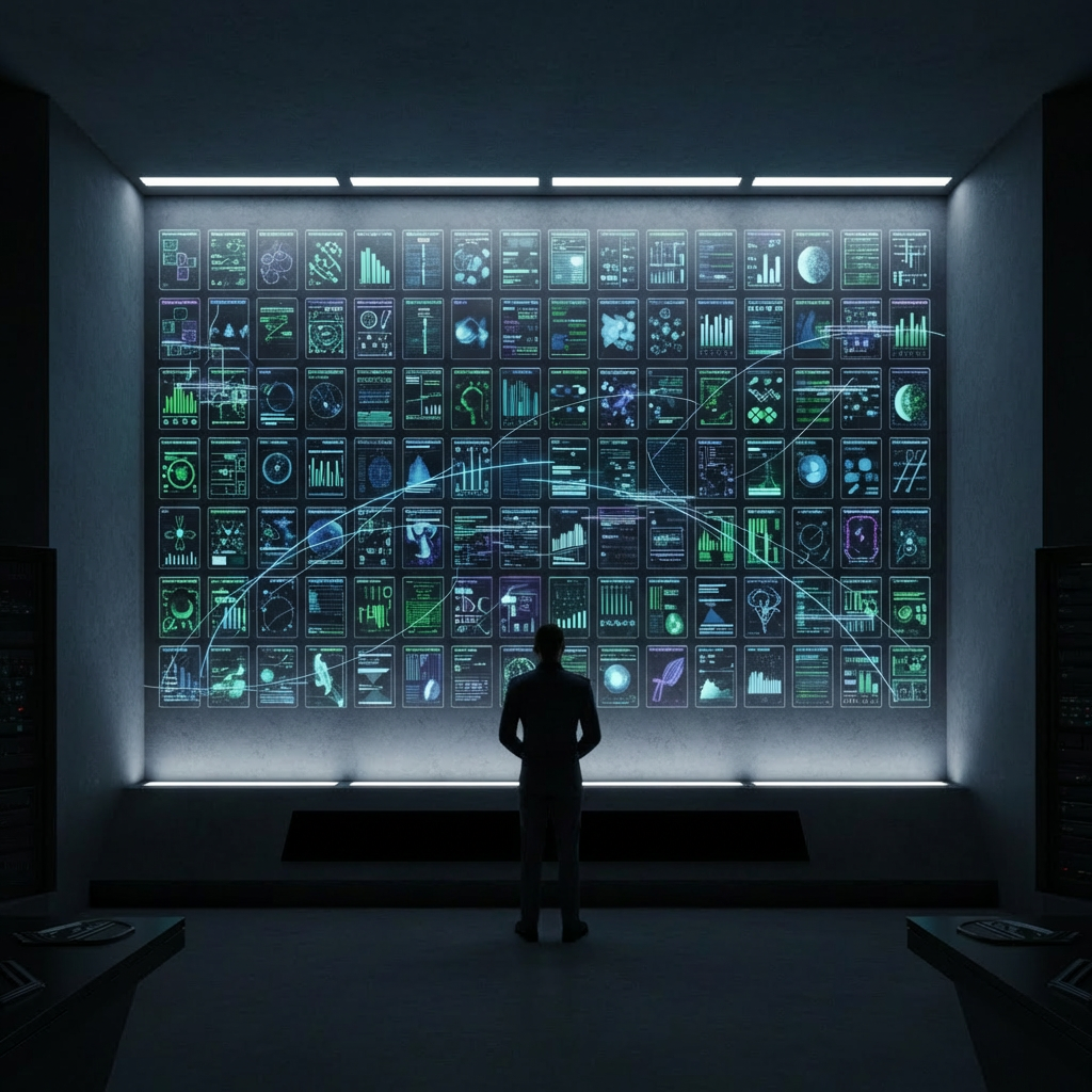 sci-fi strategy A meticulously organized, wall-sized strategic operations display inside a quiet interstellar command archive, rendered in photographic realism. Rows of vertically aligned, transparent panels hover slightly off a dark graphite wall, each panel showing dense yet elegant infographics of resource flows, diplomatic standings, and technological progress across multiple star nations. Thin lines of light connect related panels, forming an intricate network of information. Soft, cool, indirect lighting from hidden fixtures above and below the wall creates a calm, focused atmosphere, illuminating fine details without glare. The camera frames the wall straight-on with a slightly wide lens, emphasizing symmetry and clarity. The mood is methodical and authoritative, evoking long-term grand strategy planning where cooperative choices gradually sculpt the future of the galaxy.